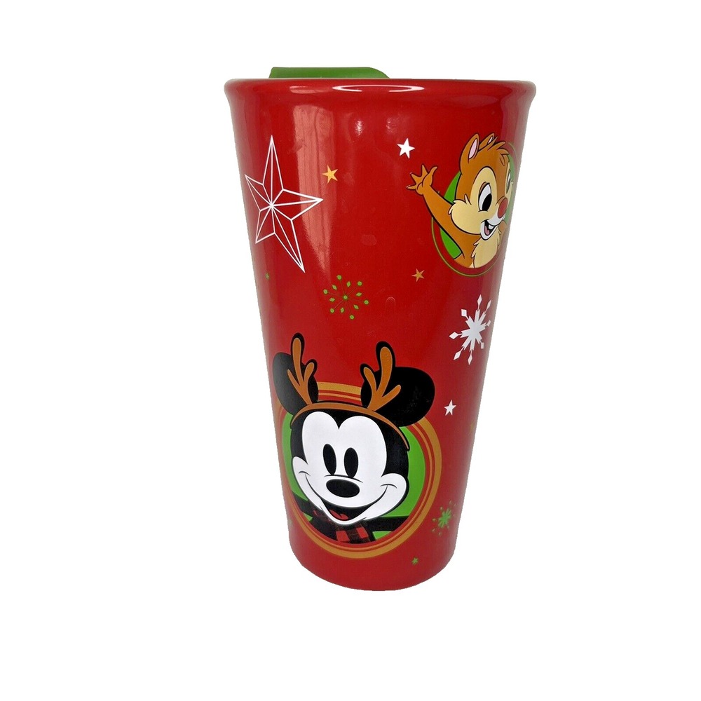 Disney Store Christmas Ceramic Travel Tumbler Mug Mickey Minnie Chip Dale Pluto